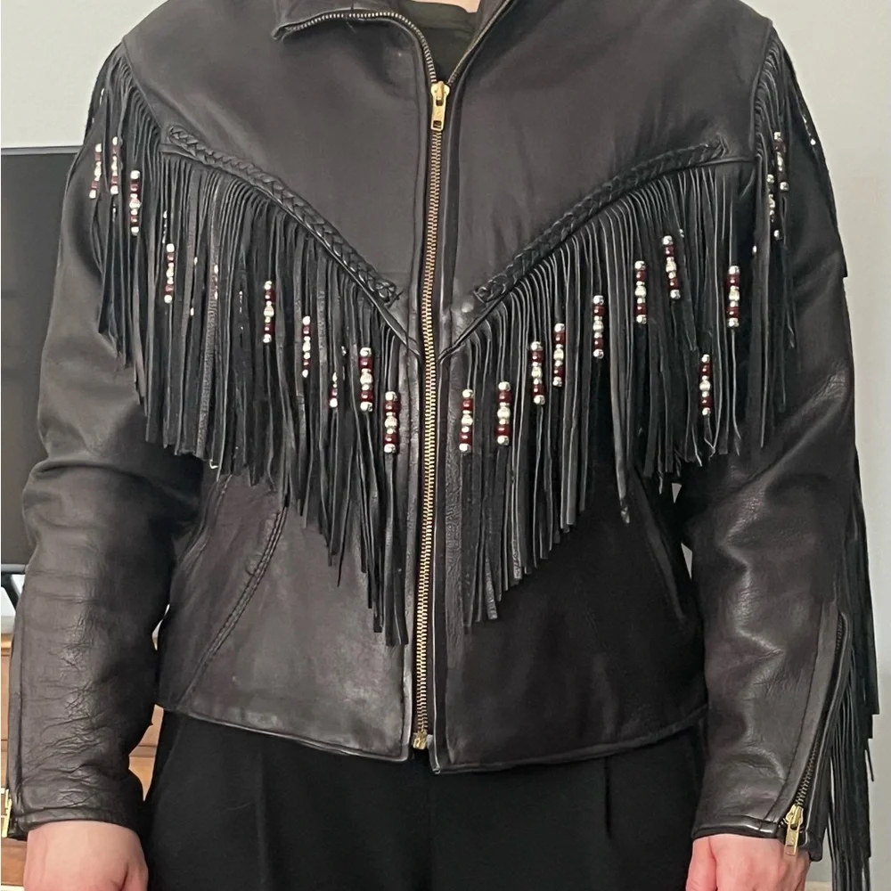 Black Fringe Leather Jacket - Picture 6 of 8
